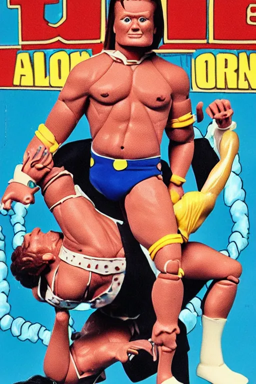 Prompt: detailed illustration, conan o'brien as a 1 9 8 0 s wrestling action figure