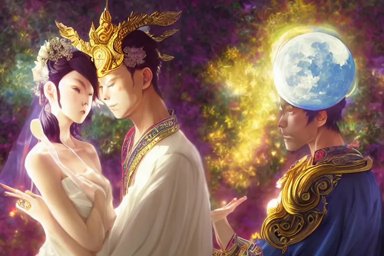 Image similar to a dreamlike portrait of wedding photograph close up moment of a divine a taiwan sun god and moon goddess lovers magician at a wedding banquet. portraiture. digital painting. artstation. concept art. fantasy wedding photo. digital painting, 8 k realistic, hyper detailed, by makoto shinkai and akihiko yoshida and hidari and wlop