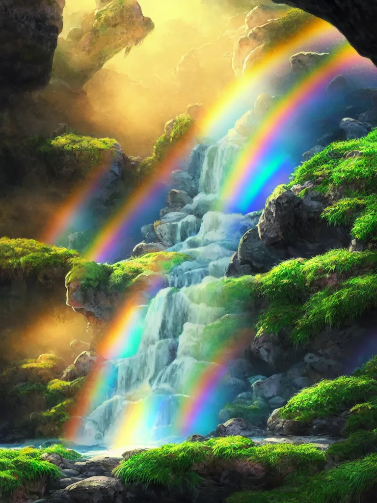 Image similar to anime - style illustration of waterfall cascading onto rocks, small rainbow emerging in background, ethereal, beautiful scenery, intricately meticulously detailed, amazing, glitter, 8 k render octane high definition