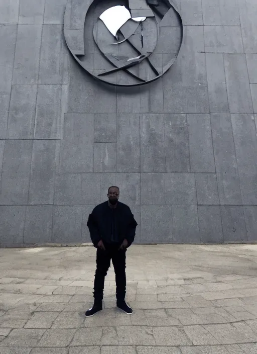 Image similar to Kanye West standing in front of the entrance to Huta Katowice, big Huta Katowice text over the entrance, iPhone photo