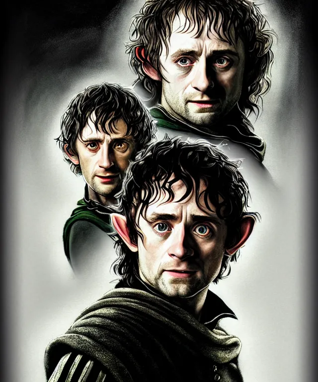 Image similar to a detailed fifty mm portrait of merriadoc and pippin from lord of the rings hobbit in a black adidas track suit with white stripes, headshot, caricature, highly detailed, digital painting, artstation, concept art, sharp focus, cinematic lighting, illustration, art by met mangindaan, artgerm and greg rutkowski, alphonse mucha, cgsociety