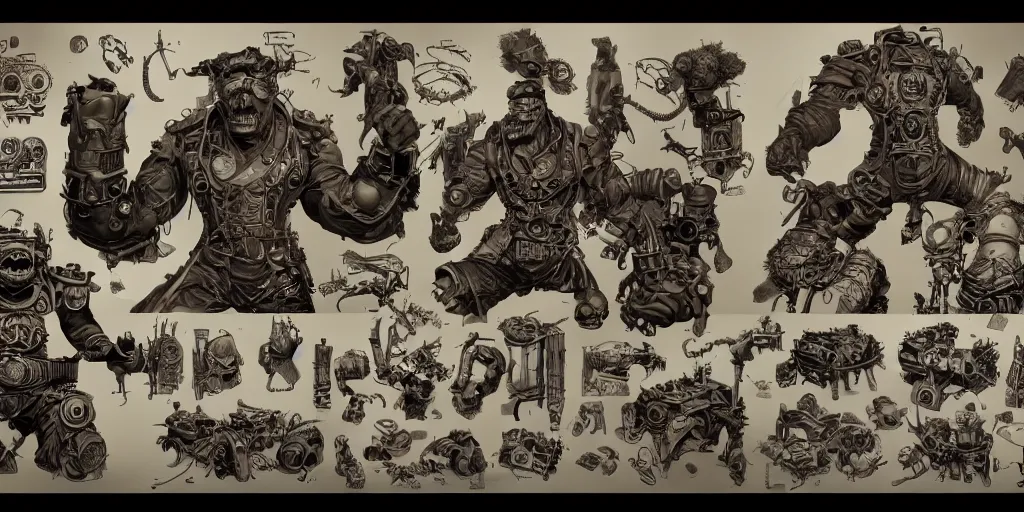 Image similar to steampunk hulk, character sheet, concept design, contrast, hot toys, kim jung gi, greg rutkowski, zabrocki, karlkka, jayison devadas, trending on artstation, 8 k, ultra wide angle, pincushion lens effect