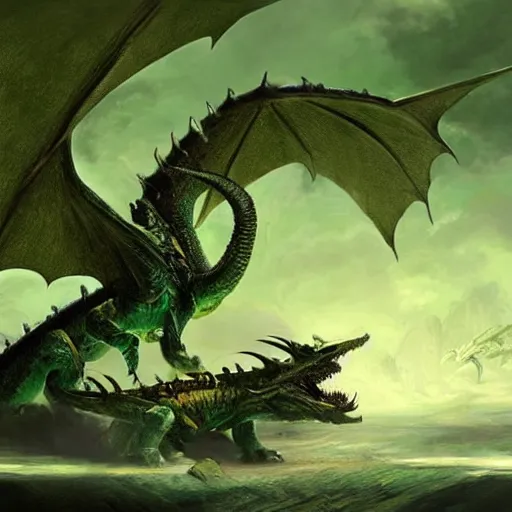 Prompt: A huge green wingless dragon with a mummy seated on its back, the ferocious dragon is surrounded by its noxious green gas, digital art by Ruan Jia