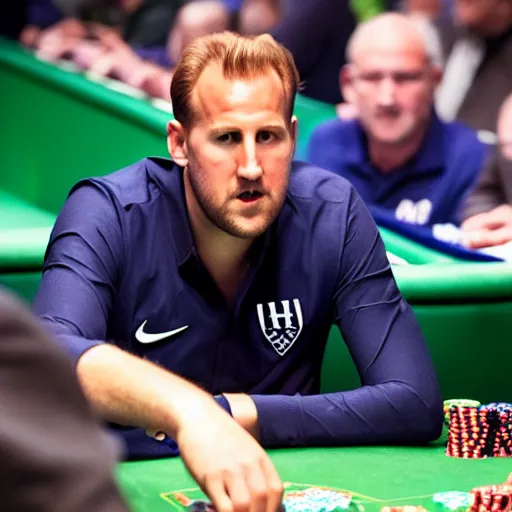 Prompt: promotional photo of harry kane playing greg raymer at a poker table, uhd, 8k, hyper detailed, wsop, poker,