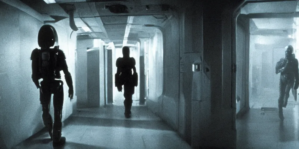 Prompt: Ridley Scott cinematic scene from Alien movie with Ripley running in a corridor alone, low light, dark, grainy, 35 mm, realistic, Panavision PSR R-200