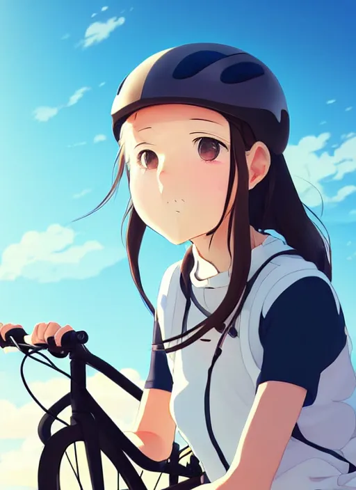 Image similar to portrait of cute girl riding electric mountain bike, sunny sky background, downhill landscape, illustration concept art anime key visual trending pixiv fanbox by wlop and greg rutkowski and makoto shinkai and studio ghibli and kyoto animation, symmetrical facial features, sports clothing, mountain bike helmet, backlit, symmetrical bike features