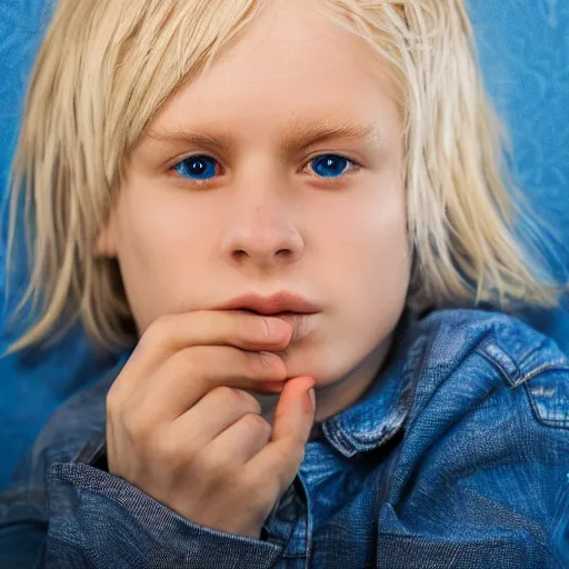 Image similar to portrait of a boy with his hand on his face, extremely realistic and real, photorealistic, blonde hair and blue eyes, detailed facial structure, real eyes that are detailed, real hands