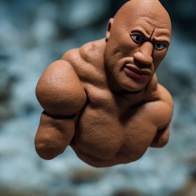 Image similar to a cinematic film still of a claymation stop motion film starring dwayne the rock johnson, shallow depth of field, 8 0 mm, f 1. 8