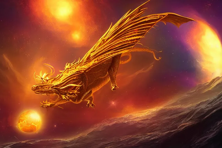 Image similar to a golden dragon the size of a planet soaring through space with nebulae in the background, digital art, fantasy artwork, extremely detailed, trending on artstation, award - winning, art from the greatest fantasy artists,