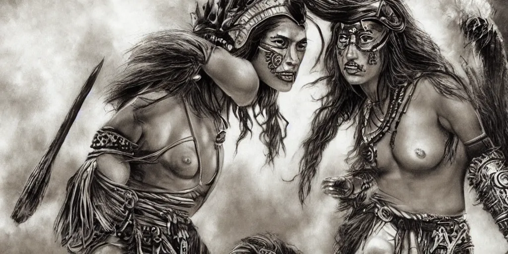 Image similar to movie, beautiful distanced aztec warrior females runs into each other, epic, vintage, black and white, Boris vallejo, sepia, apocalypto