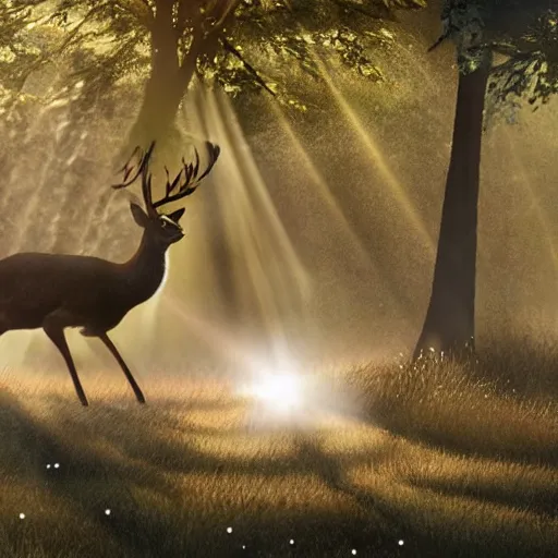 Image similar to A still of a deer exploding in slow motion, sparkles and sun rays, hyperrealistic, photo realistic, realistic, beautiful white lighting, in the middle of the day, hyperdetailed, very detailed