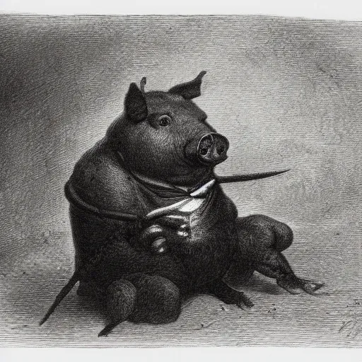 Prompt: a pig in a tuxedo, dark, high detail, dramatic light, drawing gustave dore