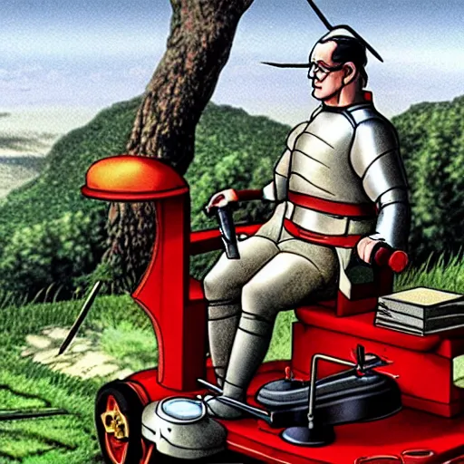 Image similar to Hank Hill as Ulrich von Liechtenstein in A Knight’s Tale, riding a lawn mower, on the moon, film still, anamorphic