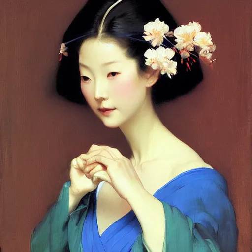 Image similar to yanjun cheng portrait of a beautiful geisha android holding flowers by norman rockwell, bouguereau