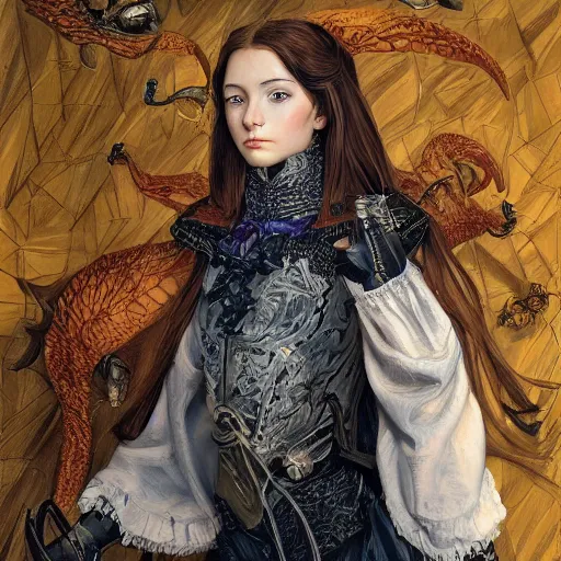 Image similar to high quality high detail portrait of a young gorgeous female warlock looking away from the camera, detailed eyes, no hands visiblefantasy, d & d, painting by lucian freud and mark brooks, hd