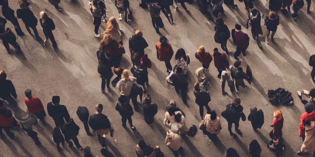 Image similar to istock, groups of people, from behind, wide angle, cinematic atmosphere, elaborate, highly detailed, istock, dramatic lighting