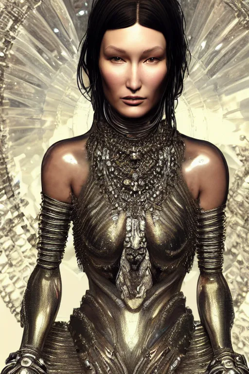 Image similar to a highly detailed medium shot 8 k render portrait of an alien goddess bella hadid in iris van herpen dress schiaparelli armor in diamonds and lots of jewelry in style of alphonse mucha trending on artstation made in unreal engine 4