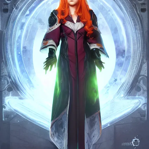 Image similar to barbara gordon in destiny warlock robes, beautiful face!!!!, 2 7 years old, long strawberry red blonde hair, cg animation, realistic, character select portrait, by artgerm, greg rutkowski, alphonse mucha, 3 d