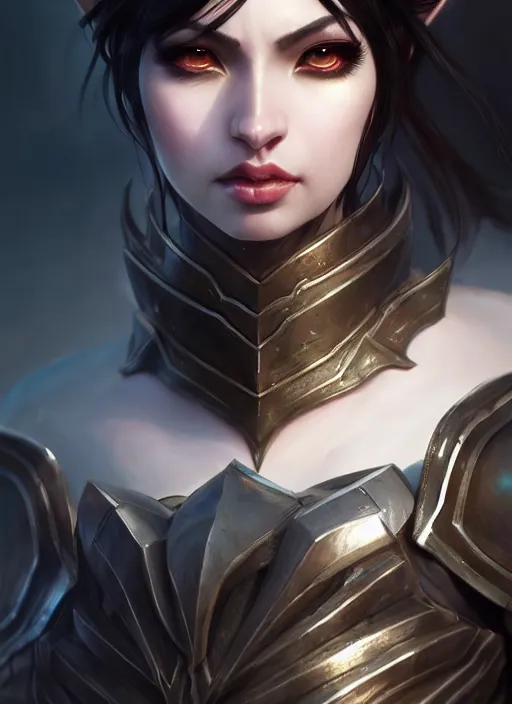 Image similar to full plate armor!!! beautiful and elegant dark hair female orc!! gorgeous ayes!! character concept art, sharp focus, octane render! unreal engine 5! highly rendered!! trending on artstation!! detailed linework!! illustration by artgerm, wlop, and chie yoshii