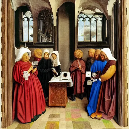 Image similar to A group of people on their smartphones, clearly-defined smartphone, in the style of Jan van Eyck