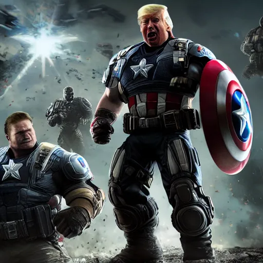 Image similar to Portrait! of President Donald Trump as ((captain america)) in Gears of War, splash art, movie still, cinematic lighting, dramatic, octane render, long lens, shallow depth of field, bokeh, anamorphic lens flare, 8k, hyper detailed, 35mm film grain