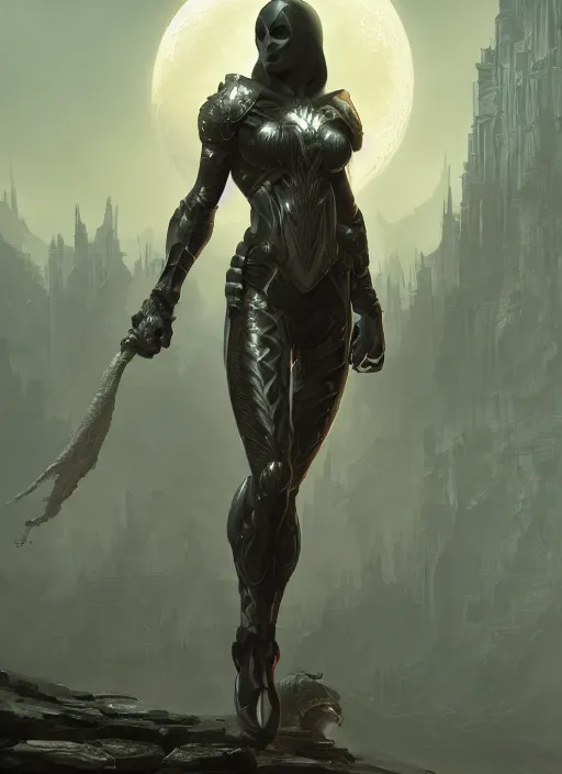 Image similar to female moon knight, hyper detailed, dynamic background, digital art, trending in artstation, cinematic lighting, studio quality, smooth render, unreal engine 5 rendered, octane rendered, art style by klimt and nixeu and ian sprigger and wlop and krenz cushart