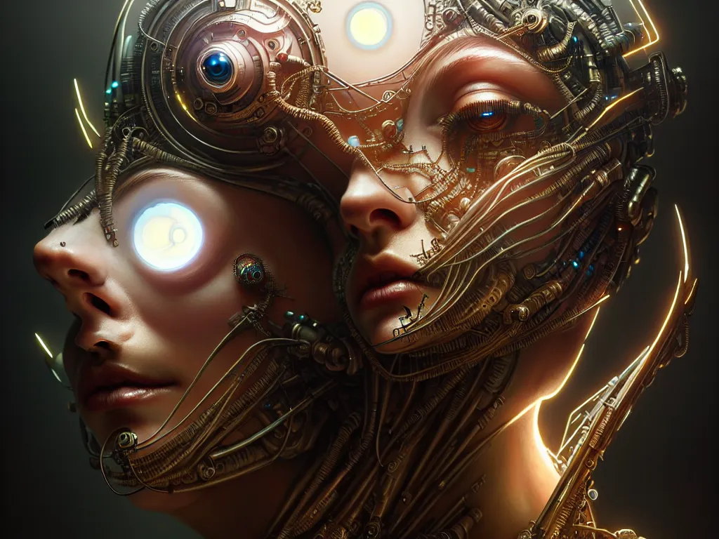 Image similar to ultra realistic beautiful cyborg deity eyes closed, sci-fi, cyberpunk, intricate details, elegant, highly detailed, photorealistic, digital painting, octane render, concept art, eerie, 8k, art by artgerm and james clyne and greg rutkowski and alphonse mucha