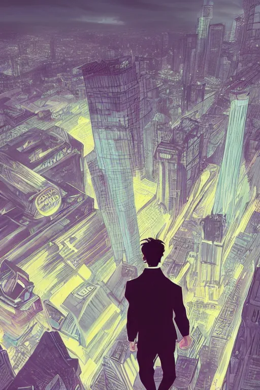 Image similar to concept art painting of a guy with wings flying over city skyline, moody vibe, moody lighting, artgerm, moebius, inio asano, toon shading, cel shading, calm, tranquil, vaporwave colors,