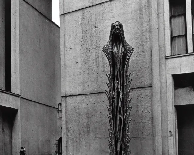 Image similar to by francis bacon, vivian maier, mystical photography evocative. an intricate fractal concrete and chrome carved sculpture of the secret faces of god, standing in a city center.