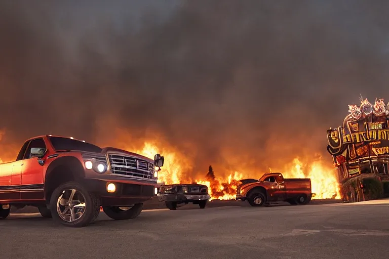 Image similar to lifted pickup in front of burning Disney Land by Emmanuel Lubezki