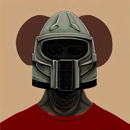 Image similar to portrait of mf doom, gray metal steel mask, dark skin underneath. red t - shirt, beige complex background, intricate, elegant, highly detailed, digital painting, artstation, concept art, smooth, sharp focus, illustration, by anato finnstark, boissb - blanca. j, cindy avelino, clint cearley, anna podedworna