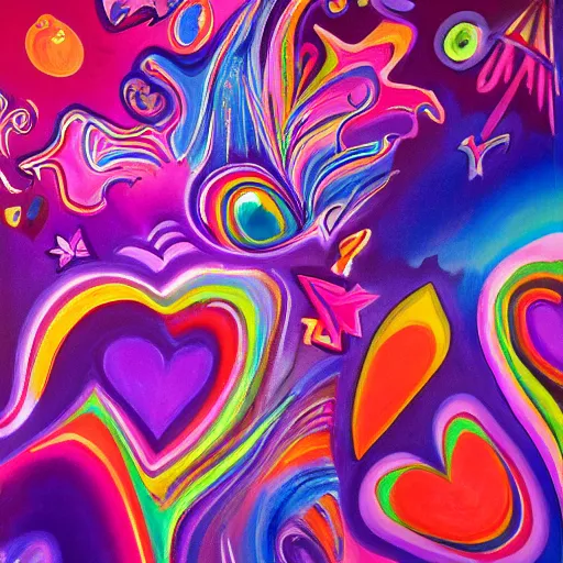 Image similar to a highly detailed painting of kitschy purple hearts in flames, inspired by lisa frank, dali, matisse, david hockney, trending on artstation, 4 k