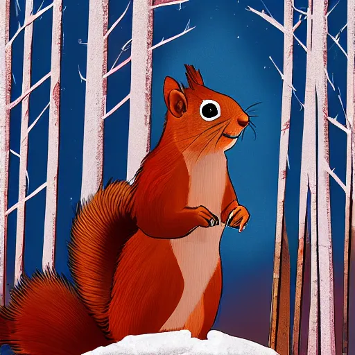 Prompt: Image of a smug red squirrel with arms crossed, standing in a winter forest, in front of a large pile of burning cellphones and laptops, digital art