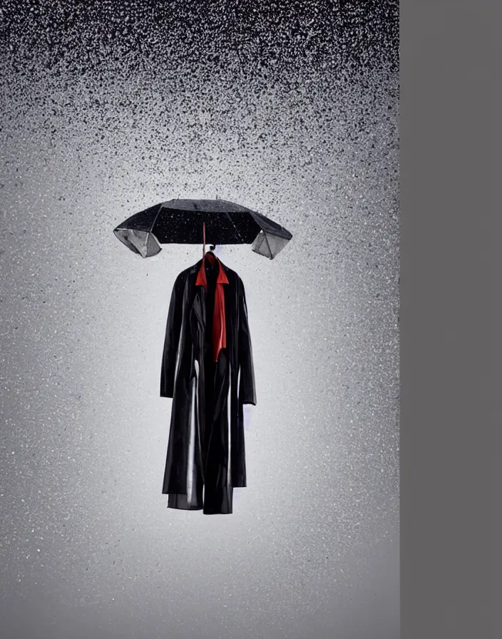 Image similar to close - up portrait of an empty slick fashionable zara raincoat floating suspended mid - air on a glittering rainy display designed by james terrell, wes anderson, symmetry, rule of thirds