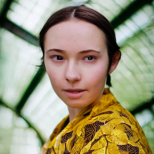 Image similar to portrait photograph of beautiful!!!! young female , symmetric face!, symmetric eyes, slight smile, natural light, wearing a yellow kimono!! with a very detailed barn owl! on her shoulder in a tropical greenhouse. looking at the camera!!. golden crown made of golden leaves. super resolution. Extremely detailed. Graflex camera!, bokeh!!!!!. by alphonse mucha.