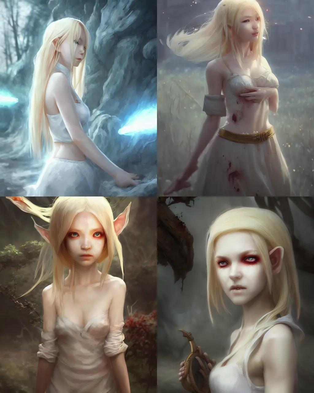 Prompt: elf girl with blonde hair and white dress, oriental face, damaged zombie half - length photo, illustration, octane render, volumetric lighting, by wenjun lin an krenz cushart, wide angle