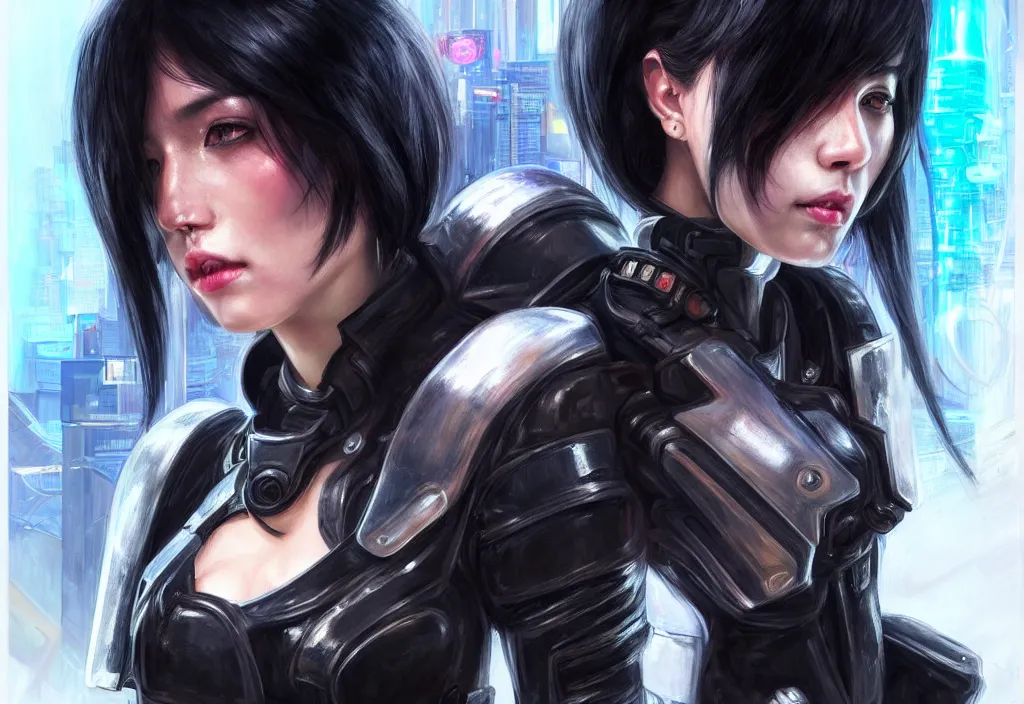 Image similar to portrait chill black hair of futuristic symmetrical face female police, black armored uniform, tatoo, at rooftop futuristic cyberpunk feel tokyo, ssci - fi and fantasy, neon light, intricate and very very beautiful, digital painting, artstation, concept art, smooth and sharp focus, illustration, art by tian zi and wlop and alphonse mucha, frostbite engine