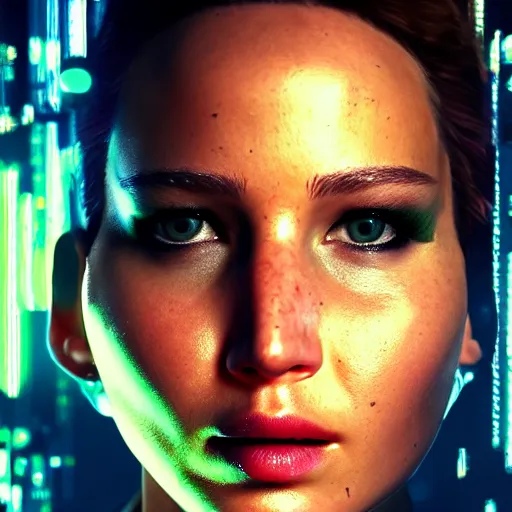 Image similar to jennifer lawrence portrait, cyberpunk 2 0 7 7, cyberpunk judy alvarez, photorealistic, ultra detailed, neon, octane, bokeh, cinematic lighting, cyber, cyberpunk city, studio quality, feature, scars, cyberface, 8 k