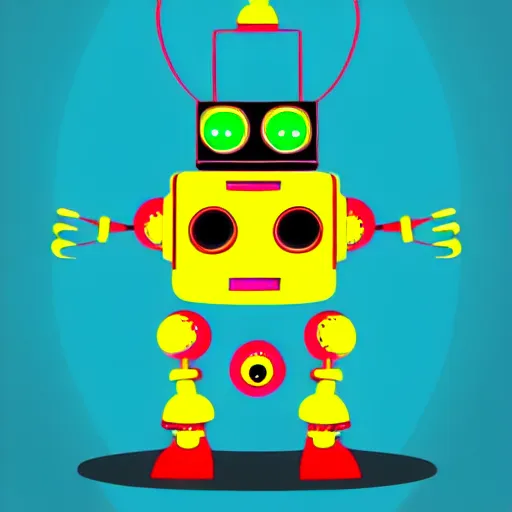 Prompt: Illustration of a cute robot character by Ana Varela, cartoon network, drawing, ink, vivid colors, Trend on Behance Illustration, illustrations for children