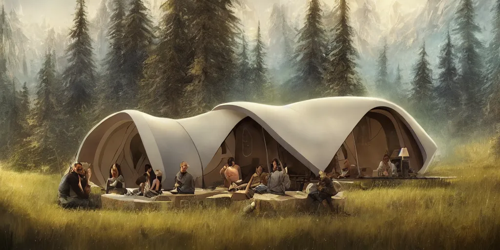 Image similar to cabela's tent futuristic pop up family pod, cabin, modular, person in foreground, mountainous forested wilderness open fields, beautiful views, painterly concept art, joanna gaines, environmental concept art, farmhouse, magnolia, concept art illustration by ross tran, by james gurney, by craig mullins, by greg rutkowski trending on artstation