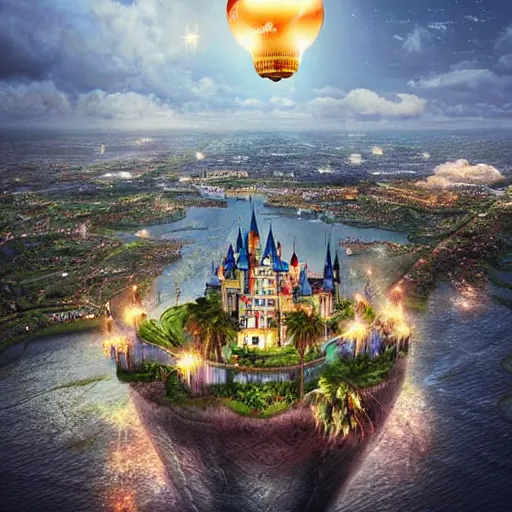 Prompt: the disney castle surrounded by giant palm trees on a giant floating island in the sky, giant realistic light bulb glowing in the sky, cinematic, digital art by erik johansson, 8 k resolution, hyper detailed, sharp focus