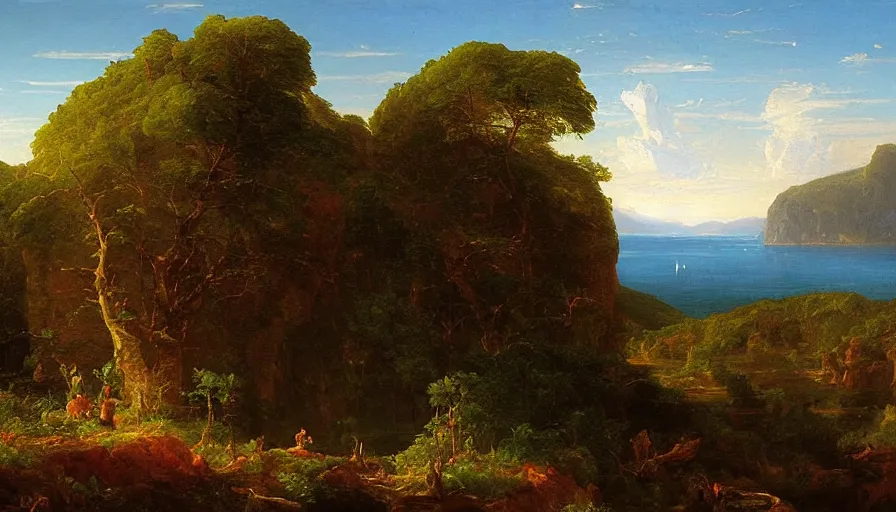 Image similar to a landscape painting depicting a remote rimworld with two above, oil on canvas, hudson river school, Thomas Cole, Fredric Edwin Church