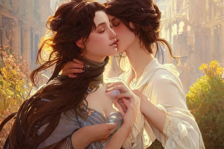 Image similar to Ultra realistic illustration, two women kissing a, intricate, elegant, highly detailed, digital painting, artstation, concept art, smooth, sharp focus, illustration, art by artgerm and greg rutkowski and alphonse mucha