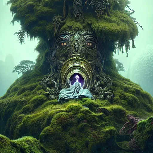 Image similar to ancient fallen god, lush trunda vegetation, snow :: by Michal Karcz, Daniel Merriam, Victo Ngai and Guillermo del toro :: ornate, dynamic, particulate, intricate, elegant, highly detailed, centered, artstation, smooth, sharp focus, octane render, 3d