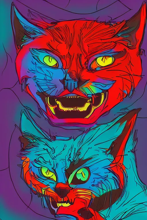 Image similar to demon cat, art by brian miller, colorful, illustration, highly detailed, simple, no jagged lines, smooth