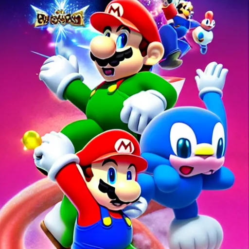 Image similar to super mario brothers and kirby super star ultra movie poster with pokemon super smash bros and princess peach star wars theme pokemon style detailed and accurate eyes