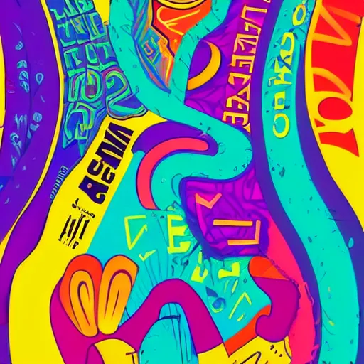 Image similar to colorful psychedelic poster, graphic design, bold lettering, layout, typography