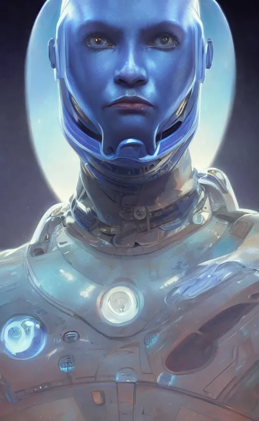 Image similar to portrait of a blue alien wearing a tight and smooth space suit, intimidating, intricate, headshot, highly detailed, digital painting, artstation, concept art, sharp focus, cinematic lighting, illustration, art by artgerm and greg rutkowski, alphonse mucha, cgsociety