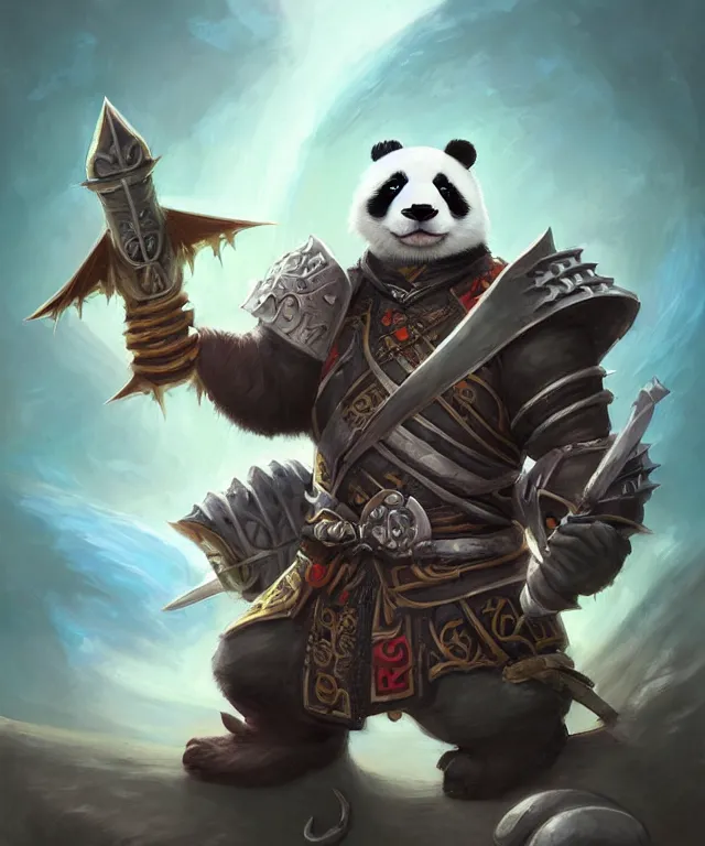 Image similar to a portrait an anthropomorphic panda samurai, wearing armor with spiked shoulders, small mouse companion, landscape in background, dnd character art portrait, world of warcraft style, by peter mohrbacher, cinematic lighting