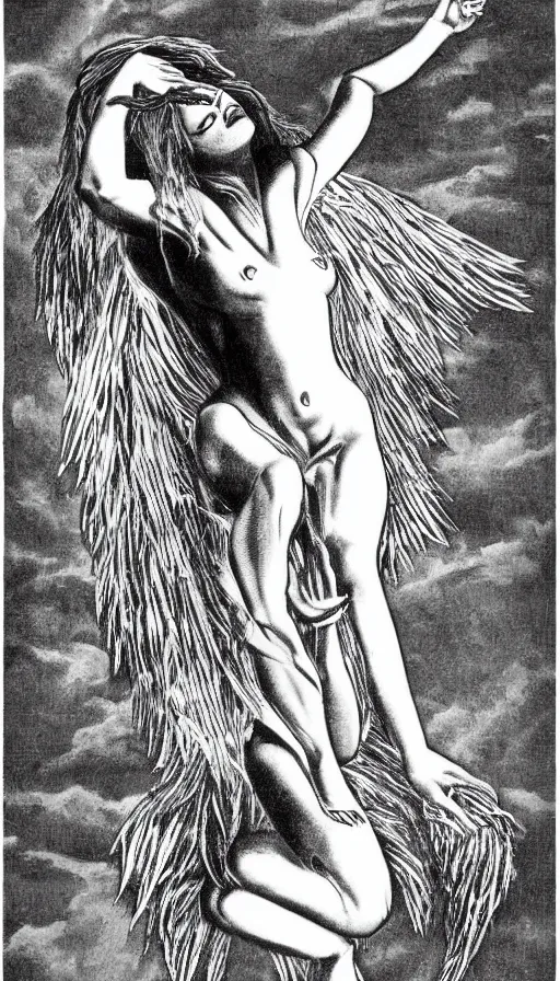 Image similar to manananggal, eerie silver engraving, high contrast